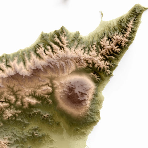 Sicily (Italy), Elevation tint - Geo, 2D printed shaded relief map with 3D effect of Sicily (Italy) with geo hypsometric tint. Shop our beautiful fine art printed maps on supreme Cotton paper. Vintage maps digitally restored and enhanced with a 3D effect. VizCart from Vizart
