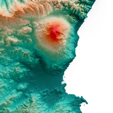 Sicily (Italy), Elevation tint - Spectral, 2D printed shaded relief map with 3D effect of Sicily (Italy) with spectral hypsometric tint. Shop our beautiful fine art printed maps on supreme Cotton paper. Vintage maps digitally restored and enhanced with a 3D effect. VizCart from Vizart