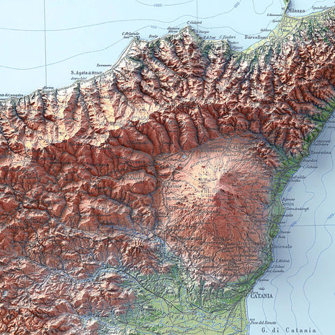 Sicily (Italy), Topographic map - 1943, 2D printed shaded relief map with 3D effect of a 1943 topographic map of Siciliy (Italy). Shop our beautiful fine art printed maps on supreme Cotton paper. Vintage maps digitally restored and enhanced with a 3D effect. VizCart from Vizart