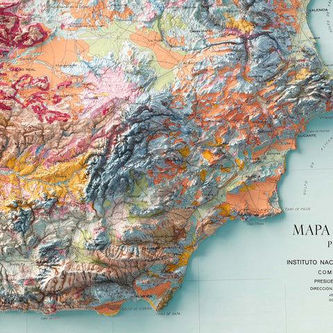 Spanish peninsula and Baleares (Spain), Soil map - 1966, 2D printed shaded relief map with 3D effect of a 1966 soil map of Spain peninsula and Baleares. Shop our beautiful fine art printed maps on supreme Cotton paper. Vintage maps digitally restored and enhanced with a 3D effect. VizCart from Vizart