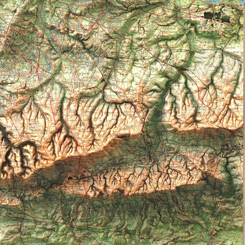 Surrey (England, UK), Topographic map - 1942, 2D printed shaded relief map with 3D effect of a 1942 topographic map of Surrey (UK). Shop our beautiful fine art printed maps on supreme Cotton paper. Vintage maps digitally restored and enhanced with a 3D effect. VizCart from Vizart