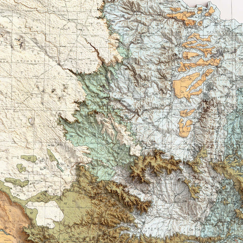 Texas, Geological map - 1933, 2D printed shaded relief map with 3D effect of a 1933 geologic map of Texas (USA). Shop our beautiful fine art printed maps on supreme Cotton paper. Vintage maps digitally restored and enhanced with a 3D effect. VizCart from Vizart