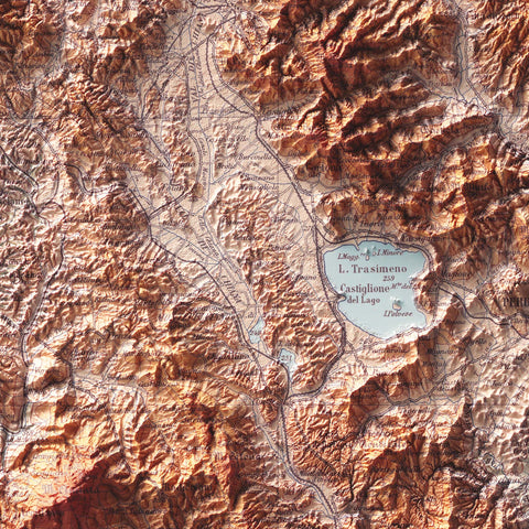 Tuscany (Italy), Topographic map - 1935, 2D printed shaded relief map with 3D effect of a 1935 topographic map of Tuscany (Italy). Shop our beautiful fine art printed maps on supreme Cotton paper. Vintage maps digitally restored and enhanced with a 3D effect. VizCart from Vizart