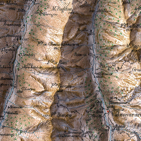 Valgrisenche (Italy), Topographic map - 1899, 2D printed shaded relief map with 3D effect of a 1899 topographic map of Valgrisenche (Aosta Valley, Italy). Shop our beautiful fine art printed maps on supreme Cotton paper. Vintage maps digitally restored and enhanced with a 3D effect. VizCart from Vizart