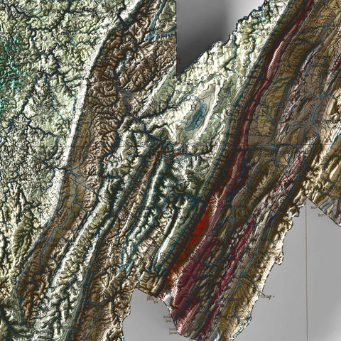 West Virginia (USA), Geological map - 1932, 2D printed shaded relief map with 3D effect of a 1932 geological map of West Virginia (USA). Shop our beautiful fine art printed maps on supreme Cotton paper. Vintage maps digitally restored and enhanced with a 3D effect. VizCart from Vizart