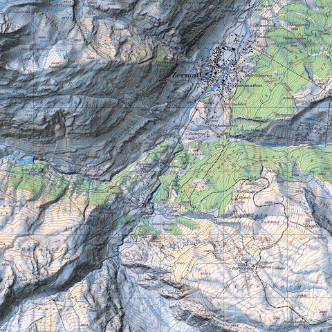 Zermatt (Switzerland), Topographic map - 1970, 2D printed shaded relief map with 3D effect of a 1970 topographic map of Zermatt (Switzerland). Shop our beautiful fine art printed maps on supreme Cotton paper. Vintage maps digitally restored and enhanced with a 3D effect, VizCart from Vizart