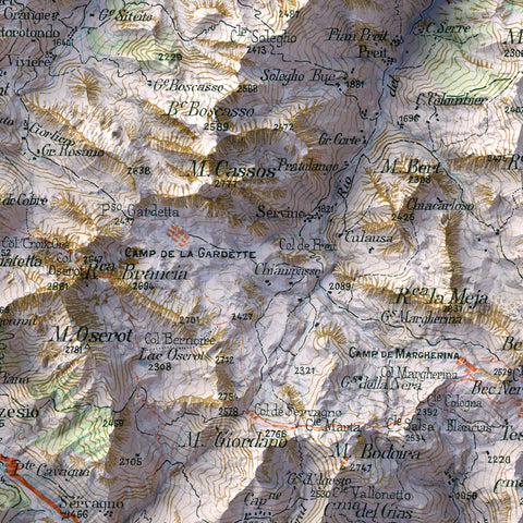 Acceglio (Italy), Topographic map - 1899, 2D printed shaded relief map with 3D effect of a 1899 topographic map of Acceglio (Italy). Shop our beautiful fine art printed maps on supreme Cotton paper. Vintage maps digitally restored and enhanced with a 3D effect. VizCart from Vizart