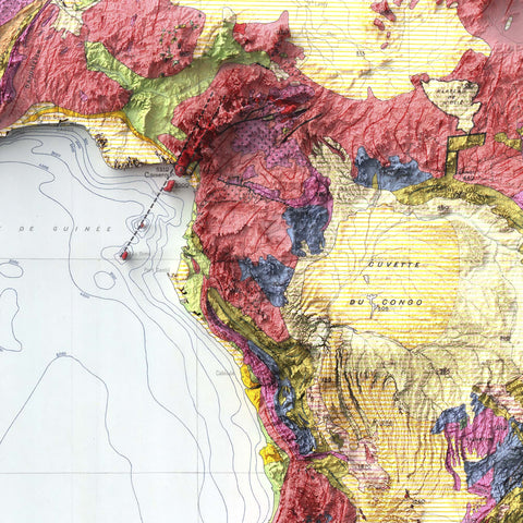 Africa, Geological map - 1958, 2D printed shaded relief map with 3D effect of a 1958 geologic map of Africa. Shop our beautiful fine art printed maps on supreme Cotton paper. Vintage maps digitally restored and enhanced with a 3D effect. VizCart from Vizart