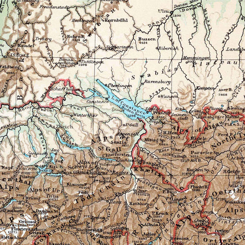 Alps 1900 topographic digitally restored map reprint on fine art paper close up