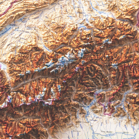Alps 1965 topographic restored antique shaded relief map print on fine art paper close-up