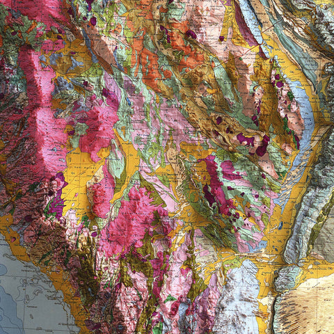 Arabian Peninsula, Geological map - 1963, 2D printed shaded relief map with 3D effect of a 1963 geological map of Saudi Arabia. Shop our beautiful fine art printed maps on supreme Cotton paper. Vintage maps digitally restored and enhanced with a 3D effect. VizCart from Vizart