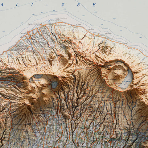 Bali (Indonesia), Topographic map - 1935, 2D printed shaded relief map with 3D effect of a 1935 topographic map of Bali (Indonesia). Shop our beautiful fine art printed maps on supreme Cotton paper. Vintage maps digitally restored and enhanced with a 3D effect., VizCart from Vizart