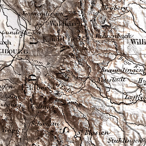 Black Forest (Germany) 1867 topographic restored antique shaded relief map print on fine art paper close-up