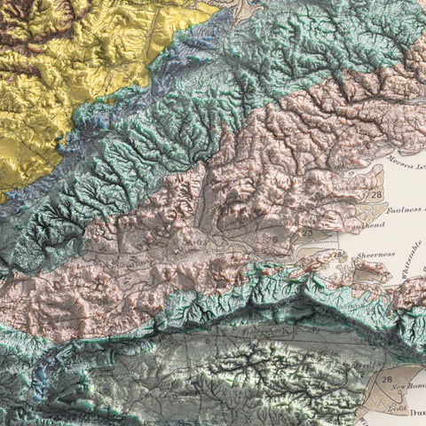 British-Irish Isles, Geological map - 1906, 2D printed shaded relief map with 3D effect of a 1906 geological map of Britain and Ireland (British-Irish Isles). Shop our beautiful fine art printed maps on supreme Cotton paper. Vintage maps digitally restored and enhanced with a 3D effect. VizCart from Vizart