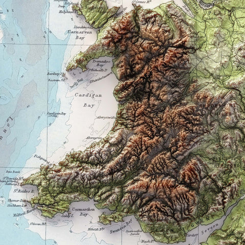 British-Irish Isles 1920 topographic restored antique shaded relief map print on fine art paper close-up