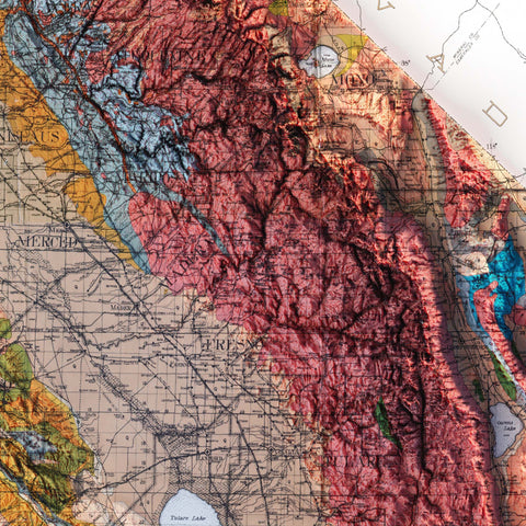 California (USA), Geological map - 1916, 2D printed shaded relief map with 3D effect of a 1916 geological map of California (USA). Shop our beautiful fine art printed maps on supreme Cotton paper. Vintage maps digitally restored and enhanced with a 3D effect. VizCart from Vizart