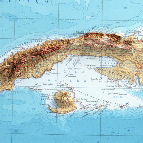 Cuba, Topographic map - 1967, 2D printed shaded relief map with 3D effect of a 1967 topographic map of Cuba. Shop our beautiful fine art printed maps on supreme Cotton paper. Vintage maps digitally restored and enhanced with a 3D effect. VizCart from Vizart