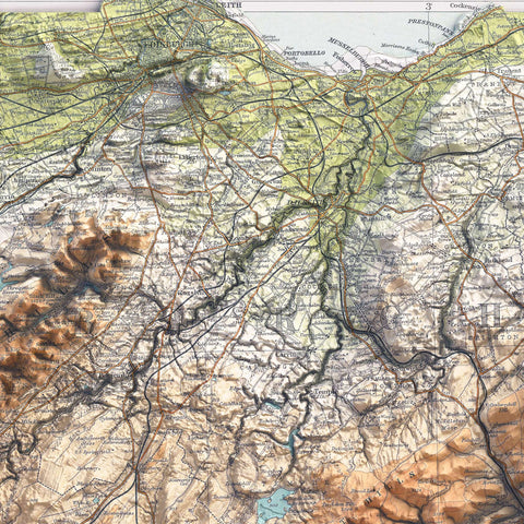 Edinburgh (Scotland, UK), Topographic map - 1912, 2D printed shaded relief map with 3D effect of a 1912 topographic map of Edinburgh (Scotland, UK). Shop our beautiful fine art printed maps on supreme Cotton paper. Vintage maps digitally restored and enhanced with a 3D effect. VizCart from Vizart