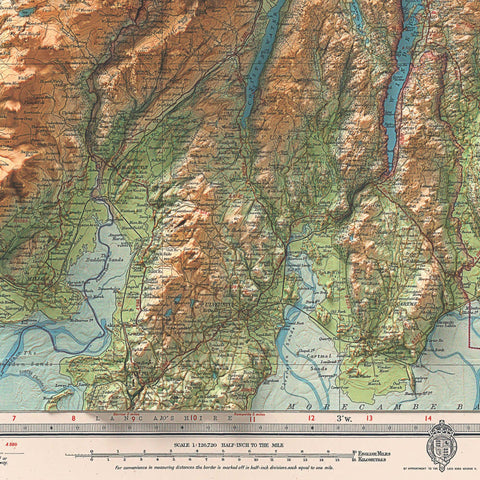 English Lakes (England, UK), Topographic map - 1941, 2D printed shaded relief map with 3D effect of a 1941 topographic map of English Lakes (UK). Shop our beautiful fine art printed maps on supreme Cotton paper. Vintage maps digitally restored and enhanced with a 3D effect. VizCart from Vizart