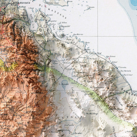 Eritrea 1912 topographic restored antique shaded relief map print on fine art paper close-up