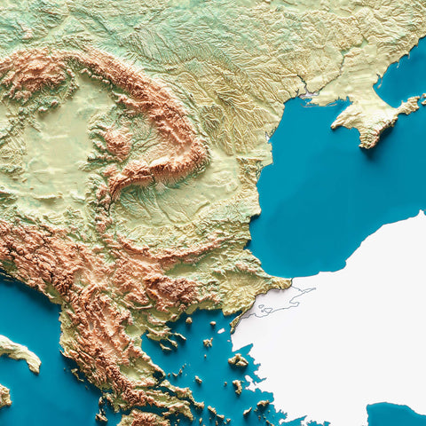 Europe, Elevation tint - satellite, 2D printed shaded relief map with 3D effect of Europe with satellite hypsometric tint. Shop our beautiful fine art printed maps on supreme Cotton paper. Vintage maps digitally restored and enhanced with a 3D effect. VizCart from Vizart