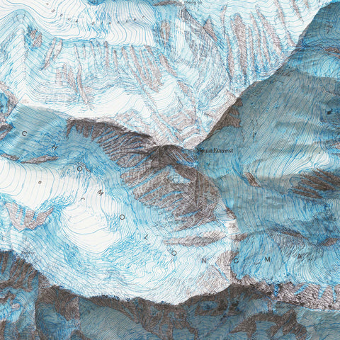 Mt Everest (Nepal) 1957 topographic restored antique shaded relief map print on fine art paper close-up