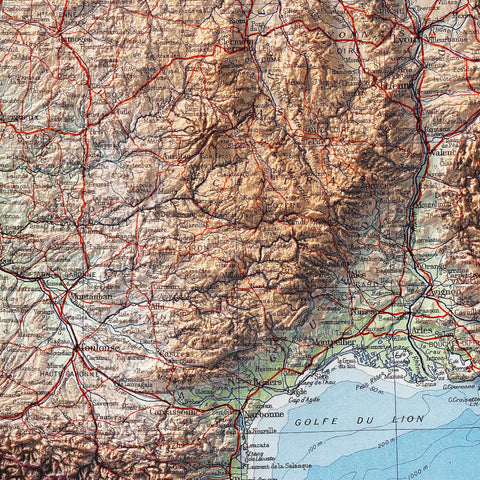 France, Topographic map - 1955, 2D printed shaded relief map with 3D effect of a 1955 topographic map of France. Shop our beautiful fine art printed maps on supreme Cotton paper. Vintage maps digitally restored and enhanced with a 3D effect. VizCart from Vizart