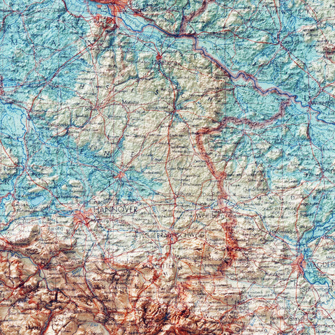 Germany, topographic map - 1968, 2D printed shaded relief map with 3D effect of a 1968 topographic map of Germany. Shop our beautiful fine art printed maps on supreme Cotton paper. Vintage maps digitally restored and enhanced with a 3D effect. VizCart from Vizart