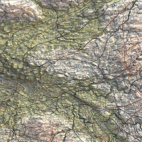 Glasgow (Scotland, UK), Topographic map - 1912, 2D printed shaded relief map with 3D effect of a 1912 topographic map of Glasgow (Scotland, UK). Shop our beautiful fine art printed maps on supreme Cotton paper. Vintage maps digitally restored and enhanced with a 3D effect. VizCart from Vizart