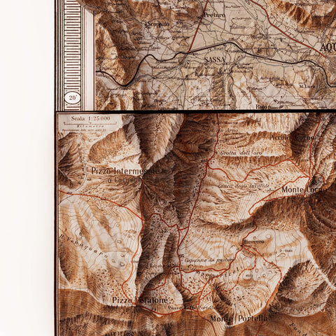 Gran Sasso d'Italia (Abruzzo, Italy), Topographic map - 1887, 2D printed shaded relief map with 3D effect of a 1887 topographic map of Gran Sasso d'Italia (Abruzzo, Italy). Shop our beautiful fine art printed maps on supreme Cotton paper. Vintage maps digitally restored and enhanced with a 3D effect. VizCart from Vizart