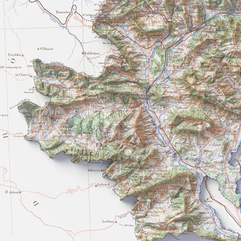 Hautes-Alpes (France) 1909 topographic restored antique shaded relief map print on fine art paper close-up