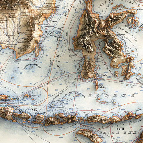 Indonesia, Topographic map - 1901, 2D printed shaded relief map with 3D effect of a 1901 topographic map of Indonesia. Shop our beautiful fine art printed maps on supreme Cotton paper. Vintage maps digitally restored and enhanced with a 3D effect. VizCart from Vizart