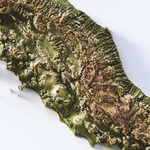 Italy, Elevation tint - Geo, 2D printed shaded relief map with 3D effect of Italy with geo hypsometric tint. Shop our beautiful fine art printed maps on supreme Cotton paper. Vintage maps digitally restored and enhanced with a 3D effect. VizCart from Vizart