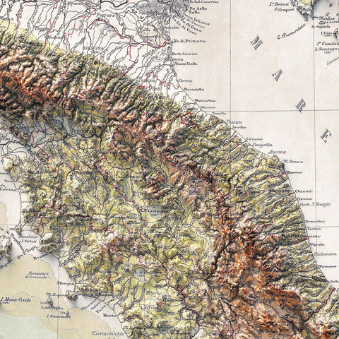 Italy, Topographic map - 1888, 2D printed shaded relief map with 3D effect of a 1888 topographic map of Italy. Shop our beautiful fine art printed maps on supreme Cotton paper. Vintage maps digitally restored and enhanced with a 3D effect. VizCart from Vizart