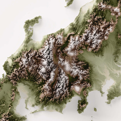 Japan, Elevation tint - Geo, 2D printed shaded relief map with 3D effect of Japan with geo hypsometric tint. Shop our beautiful fine art printed maps on supreme Cotton paper. Vintage maps digitally restored and enhanced with a 3D effect. VizCart from Vizart