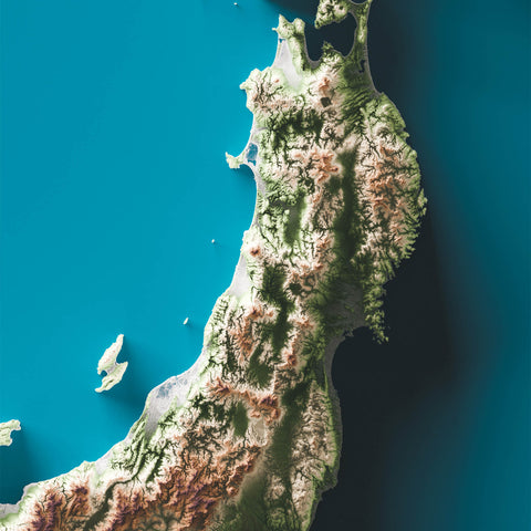 Japan, Elevation tint - Geolight, 2D printed shaded relief map with 3D effect of Japan with geo hypsometric tint. Shop our beautiful fine art printed maps on supreme Cotton paper. Vintage maps digitally restored and enhanced with a 3D effect. VizCart from Vizart