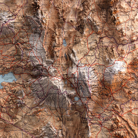 Kenya Uganda, Topographic map - 1956, 2D printed shaded relief map with 3D effect of a 1956 topographic map of Kenya and Uganda. Shop our beautiful fine art printed maps on supreme Cotton paper. Vintage maps digitally restored and enhanced with a 3D effect VizCart from Vizart