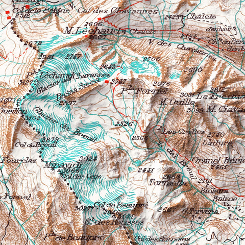 Little St Bernard, Topographic map - 1899, 2D printed shaded relief map with 3D effect of a 1899 topographic map of Little Saint Bernard. Shop our beautiful fine art printed maps on supreme Cotton paper. Vintage maps digitally restored and enhanced with a 3D effect. VizCart from Vizart