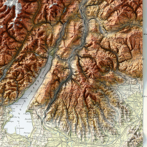 Lombardy (Italy), Topographic map - 1935, 2D printed shaded relief map with 3D effect of a 1935 topographic map of Lombardy (Italy). Shop our beautiful fine art printed maps on supreme Cotton paper. Vintage maps digitally restored and enhanced with a 3D effect, VizCart from Vizart