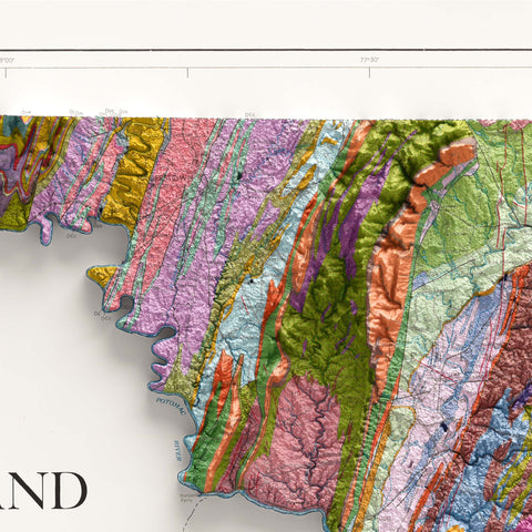 Maryland, Geological map - 1968, 2D printed shaded relief map with 3D effect of a 1968 geologic map of Maryland (USA). Shop our beautiful fine art printed maps on supreme Cotton paper. Vintage maps digitally restored and enhanced with a 3D effect. VizCart from Vizart