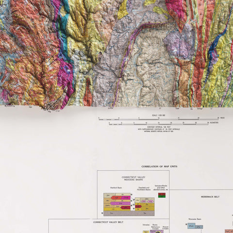 Massachusetts, Geological map - 1983, 2D printed shaded relief map with 3D effect of a 1983 geologic map of Massachusetts (USA). Shop our beautiful fine art printed maps on supreme Cotton paper. Vintage maps digitally restored and enhanced with a 3D effect. VizCart from Vizart