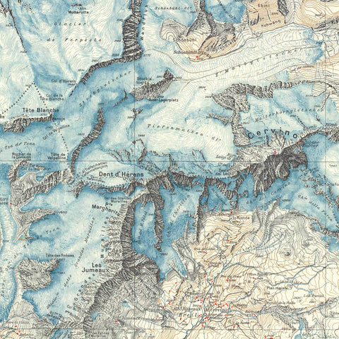 Matterhorn and Mt Rosa (Italy) 1928 topographic digitally restored map reprint on fine art paper close up