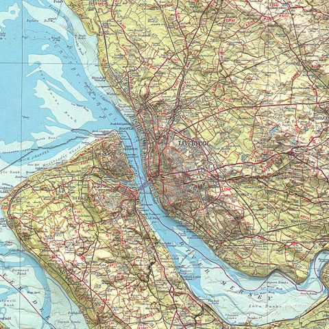 Merseyside (England, UK), Topographic map - 1941, 2D printed shaded relief map with 3D effect of a 1941 topographic map of Merseyside (UK). Shop our beautiful fine art printed maps on supreme Cotton paper. Vintage maps digitally restored and enhanced with a 3D effect. VizCart from Vizart