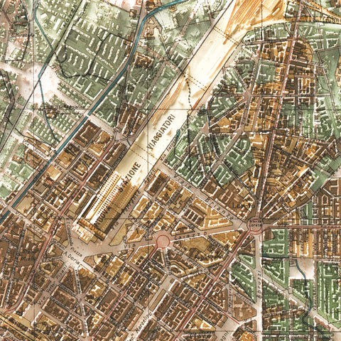 Milan (Italy) 1910 city restored antique shaded relief map print on fine art paper close-up