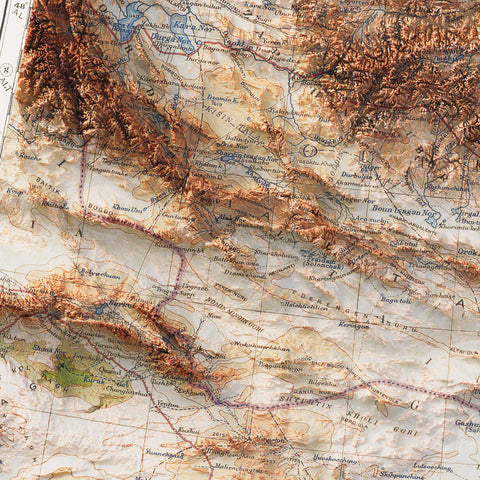 Mongolia, Topographic map - 1931, 2D printed shaded relief map with 3D effect of a 1931 topographic map of Mongolia. Shop our beautiful fine art printed maps on supreme Cotton paper. Vintage maps digitally restored and enhanced with a 3D effect. VizCart from Vizart