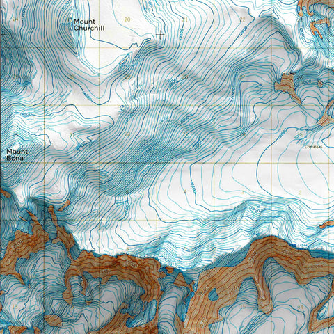 Mt Bona (Alaska, USA), Topographic map - 1966, 2D printed shaded relief map with 3D effect of a 1966 topographic map of Mt Bona (Alaska, USA). Shop our beautiful fine art printed maps on supreme Cotton paper. Vintage maps digitally restored and enhanced with a 3D effect. VizCart from Vizart