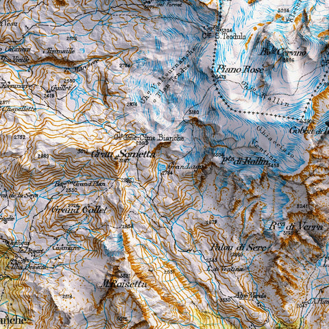 Mt Rosa (Italy), Topographic map - 1899, 2D printed shaded relief map with 3D effect of a 1899 topographic map of Monte Rosa. Shop our beautiful fine art printed maps on supreme Cotton paper. Vintage maps digitally restored and enhanced with a 3D effect. VizCart from Vizart