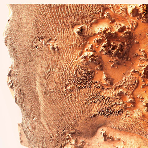 Namib Desert (Namibia), Elevation tint - Red, 2D printed shaded relief map with 3D effect of Namib desert (Namibia) with red hypsometric tint. Shop our beautiful fine art printed maps on supreme Cotton paper. Vintage maps digitally restored and enhanced with a 3D effect. VizCart from Vizart