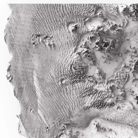 Namib Desert (Namibia), Elevation tint - White, 2D printed shaded relief map with 3D effect of Namib desert (Namibia) with monochrome white tint. Shop our beautiful fine art printed maps on supreme Cotton paper. Vintage maps digitally restored and enhanced with a 3D effect. VizCart from Vizart