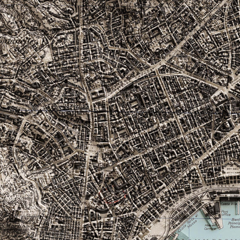 Naples (Italy), City map - 1943, 2D printed shaded relief map with 3D effect of a 1943 city map of Naples. Shop our beautiful fine art printed maps on supreme Cotton paper. Vintage maps digitally restored and enhanced with a 3D effect. VizCart from Vizart